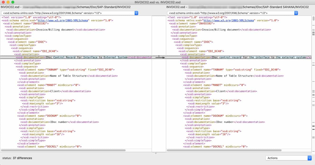 Grafik: Beispiel XML-Schema einer INVOIC02 IDoc im direkten Vergleich der SAP-Versionen SAP ERP ECC 6.0 und SAP S/4HANA