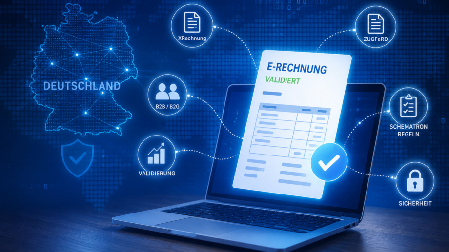 Digitale E-Rechnung für Deutschland mit Validierungssymbol, XRechnung, ZUGFeRD und Sicherheitsicons