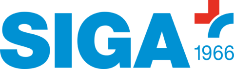 SIGA Logo mit blauem Schriftzug, Schweizer Kreuz und Gründungsjahr 1966